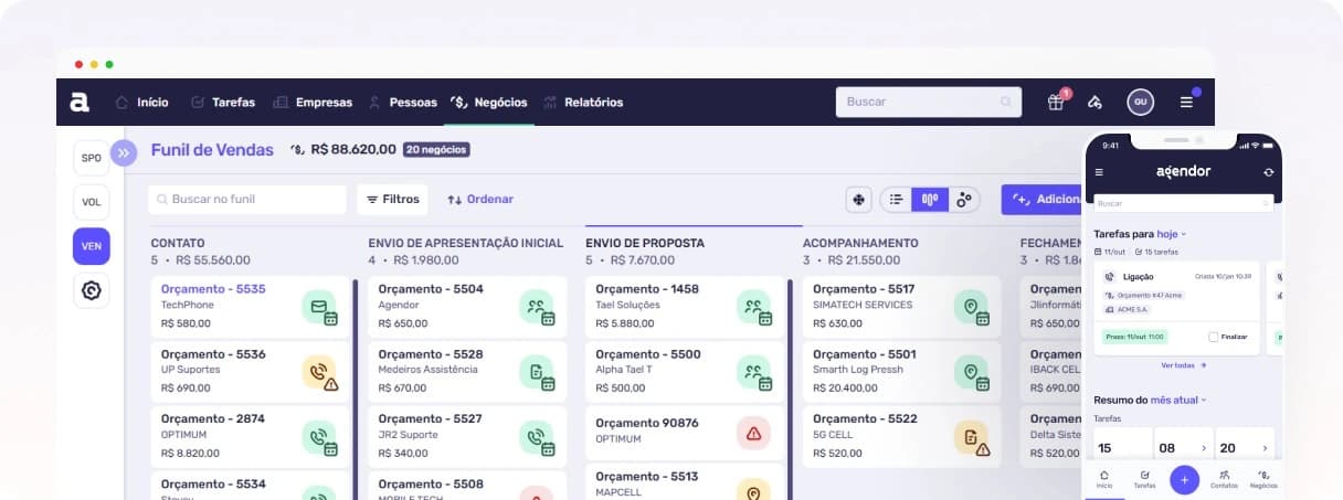 Tela do Agendor CRM com visão de pipeline comercial